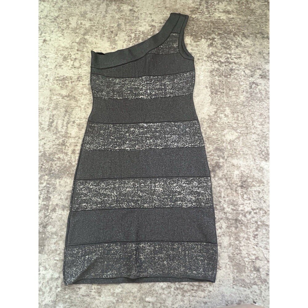 Bebe Dress Small Shoulder Bandage Bodycon Gray Silver Metallic Shimmer